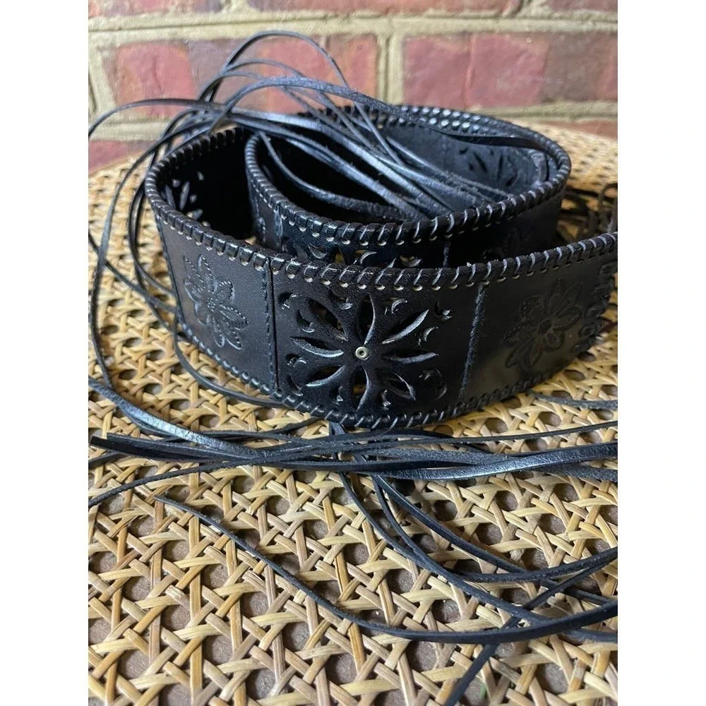 Fossil Braided Fringe Tooled Cut Out Leather Belt Medium